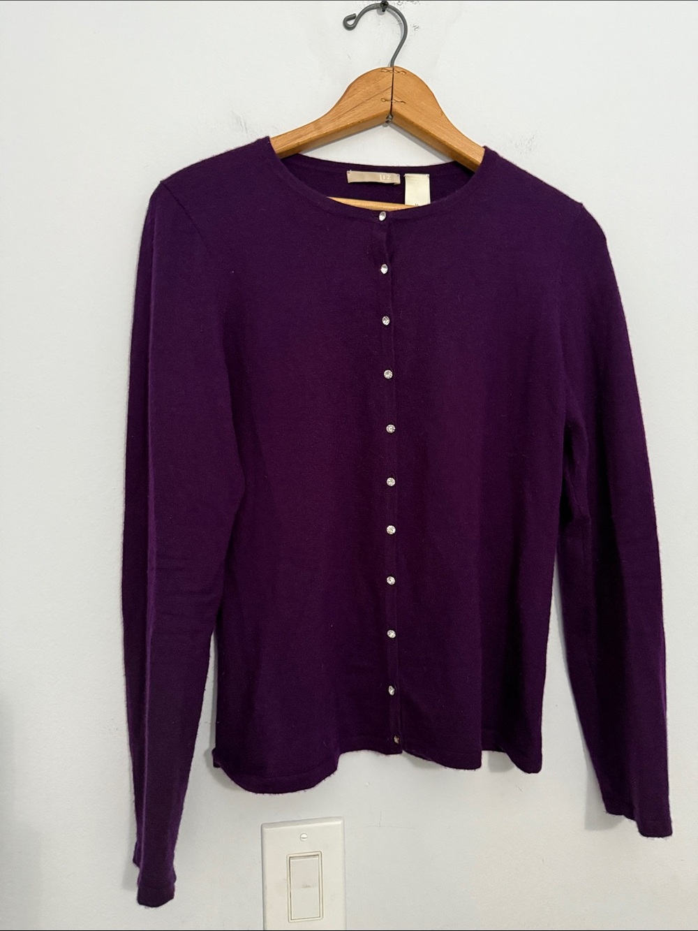 Liz Claiborne Purple Crewneck Rhinestone Button-Front Cashmere Cardigan Cozy Vtg